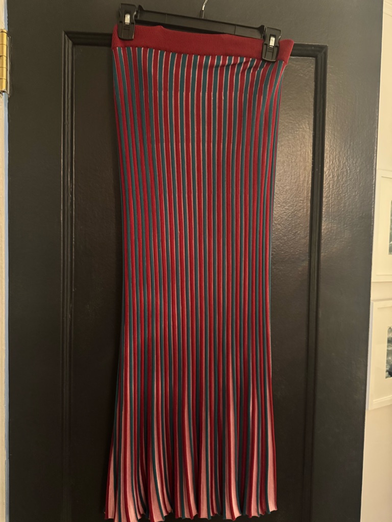 Ribbed Pleated Stripe Midi Skirt In Red And Blue Comfortable And Stretchy